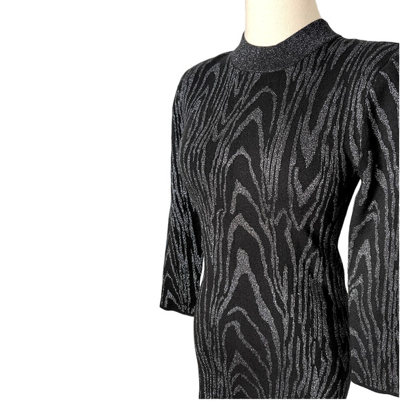NWT! ALC 6 Metallic SILVER ZIGGY Dress $395 Bodycon Stretch Black Long Sleeve M - Picture 3 of 8